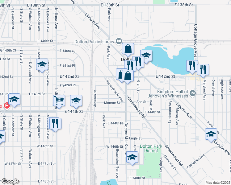 map of restaurants, bars, coffee shops, grocery stores, and more near 510 Jefferson Street in Dolton