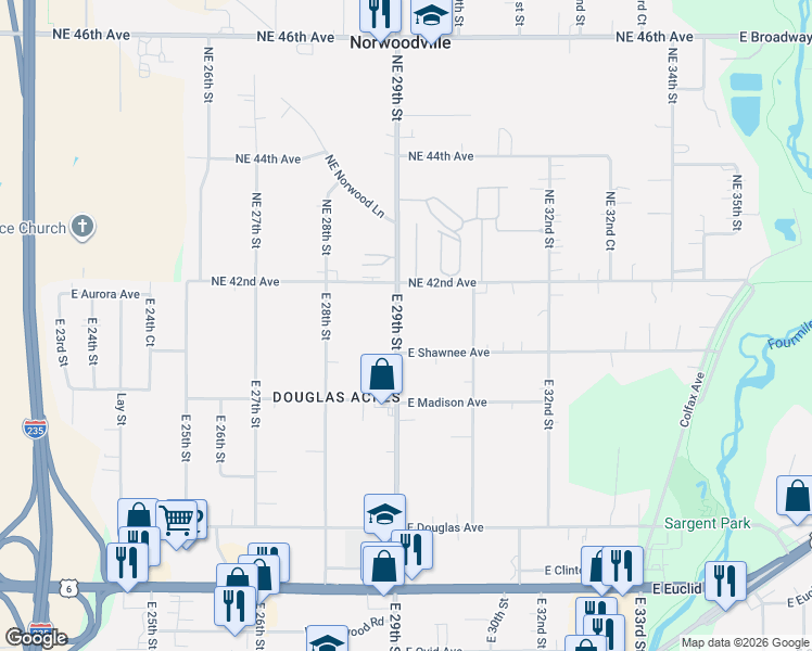 map of restaurants, bars, coffee shops, grocery stores, and more near 4121 East 29th Street in Des Moines