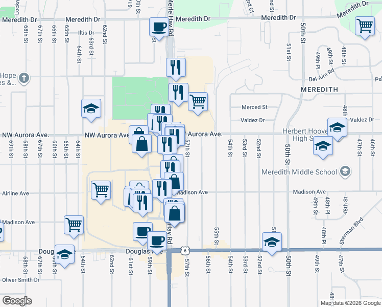 map of restaurants, bars, coffee shops, grocery stores, and more near 4125 57th Street in Des Moines