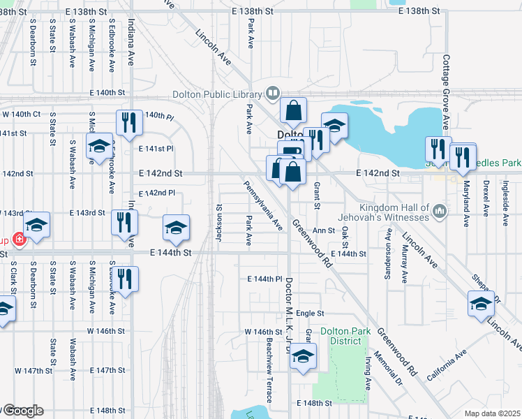 map of restaurants, bars, coffee shops, grocery stores, and more near 510 Jefferson Street in Dolton
