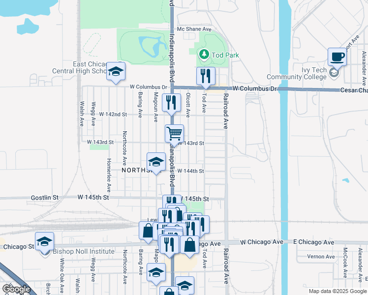 map of restaurants, bars, coffee shops, grocery stores, and more near 4306 Olcott Avenue in East Chicago