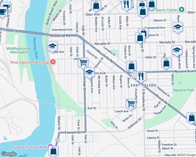 map of restaurants, bars, coffee shops, grocery stores, and more near 822 Mc Kinley Avenue in Toledo