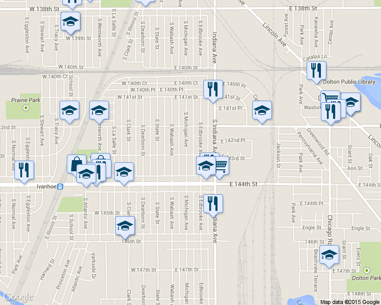map of restaurants, bars, coffee shops, grocery stores, and more near 14227 South Michigan Avenue in Riverdale