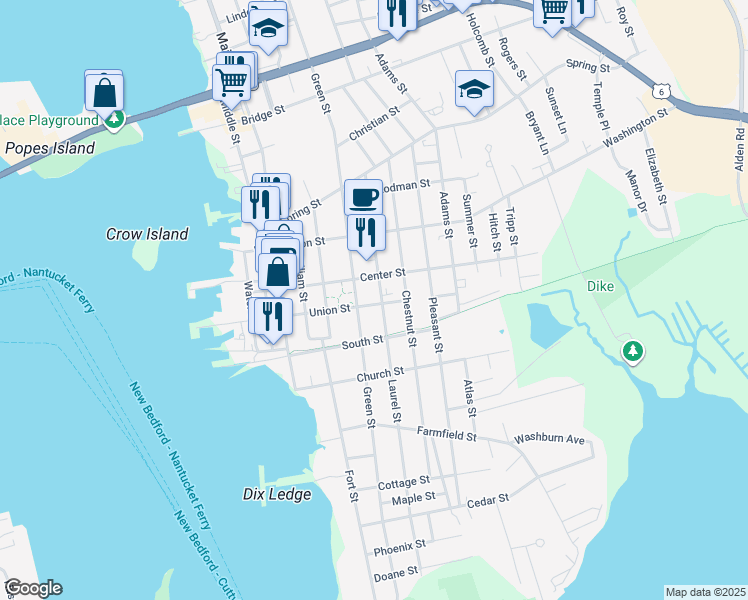 map of restaurants, bars, coffee shops, grocery stores, and more near 50 Union Street in Fairhaven