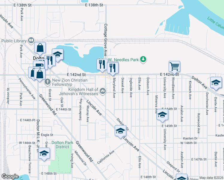 map of restaurants, bars, coffee shops, grocery stores, and more near 14244 Maryland Avenue in Dolton