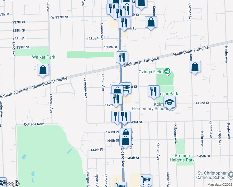 map of restaurants, bars, coffee shops, grocery stores, and more near 14108 South Cicero Avenue in Crestwood