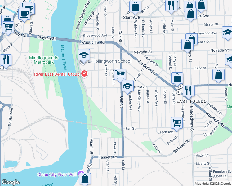 map of restaurants, bars, coffee shops, grocery stores, and more near 819 Clark St in Toledo
