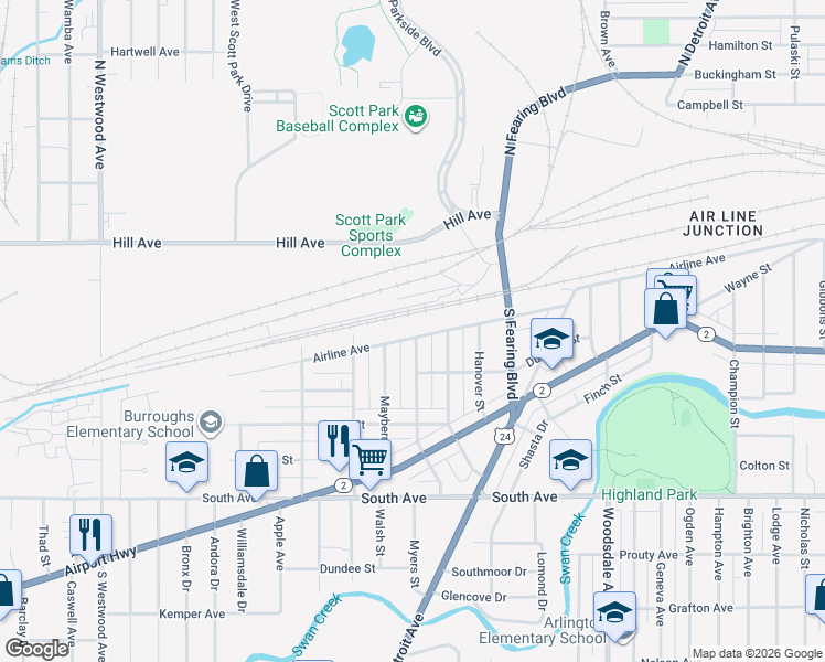 map of restaurants, bars, coffee shops, grocery stores, and more near 2116 Airline Avenue in Toledo
