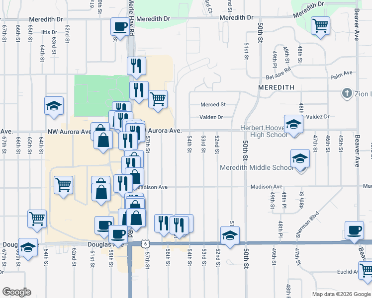 map of restaurants, bars, coffee shops, grocery stores, and more near 4120 54th Street in Des Moines