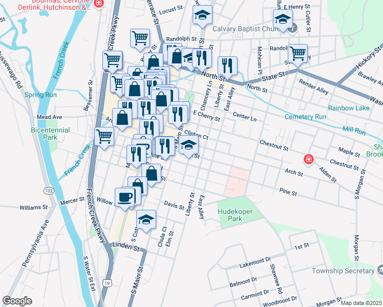 map of restaurants, bars, coffee shops, grocery stores, and more near 42761 Chancery Lane in Meadville