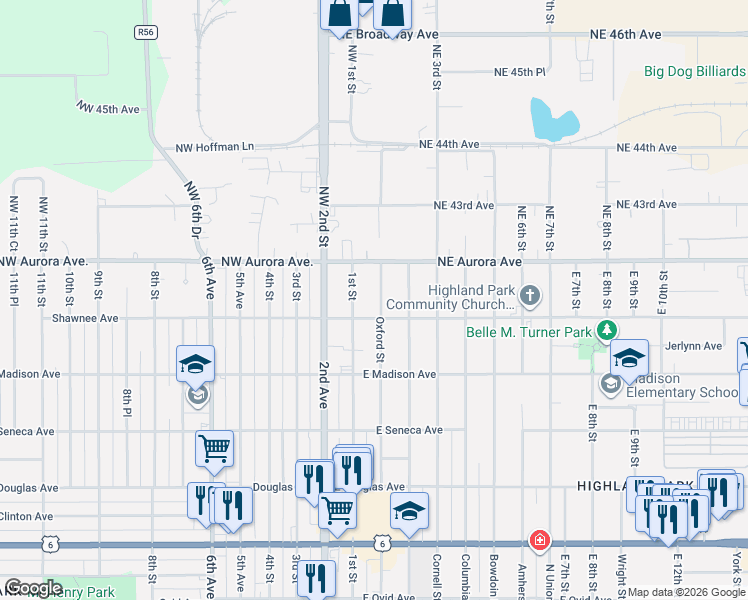 map of restaurants, bars, coffee shops, grocery stores, and more near 4112 Oxford Street in Des Moines