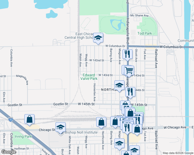 map of restaurants, bars, coffee shops, grocery stores, and more near 4305 Homerlee Avenue in East Chicago