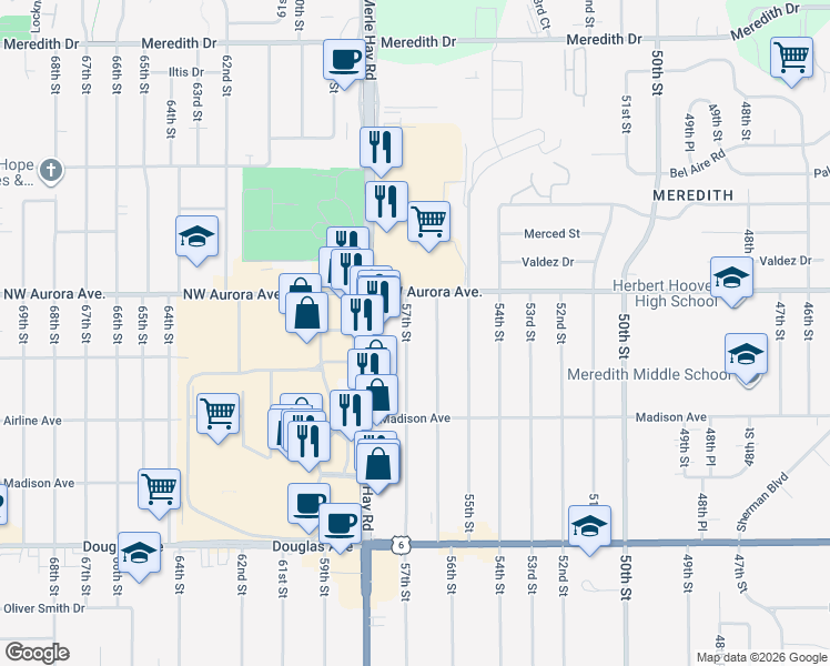 map of restaurants, bars, coffee shops, grocery stores, and more near 4125 57th Street in Des Moines