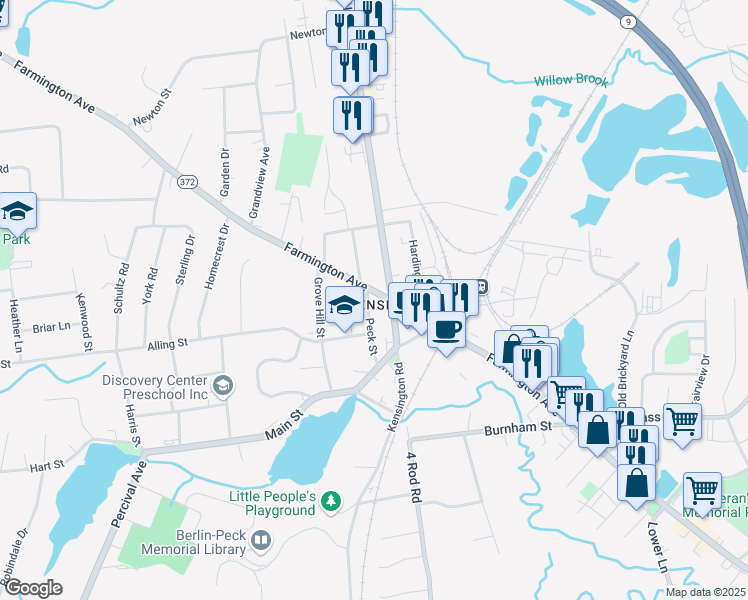 map of restaurants, bars, coffee shops, grocery stores, and more near 732 Farmington Ave in Berlin