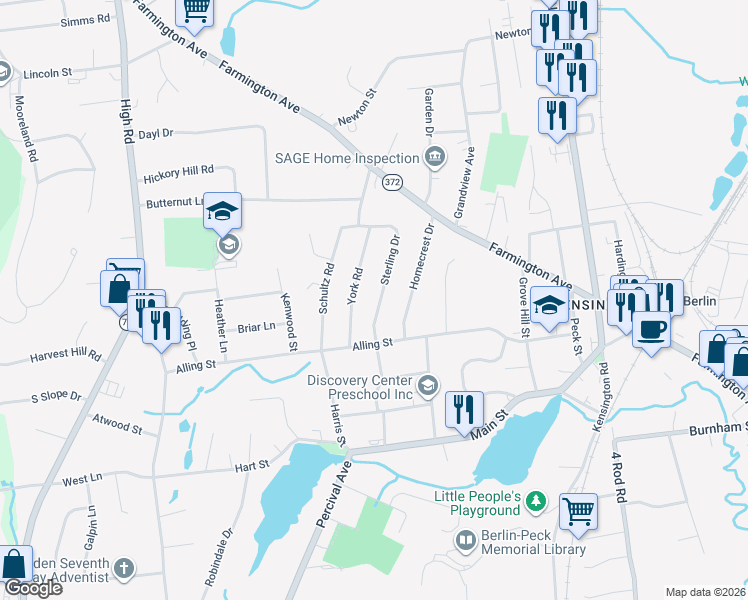 map of restaurants, bars, coffee shops, grocery stores, and more near 51 Sterling Drive in Berlin