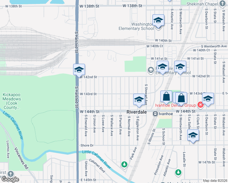 map of restaurants, bars, coffee shops, grocery stores, and more near 14235 South Wallace Avenue in Riverdale