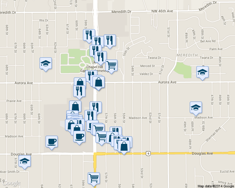 map of restaurants, bars, coffee shops, grocery stores, and more near 4125 56th St in Des Moines