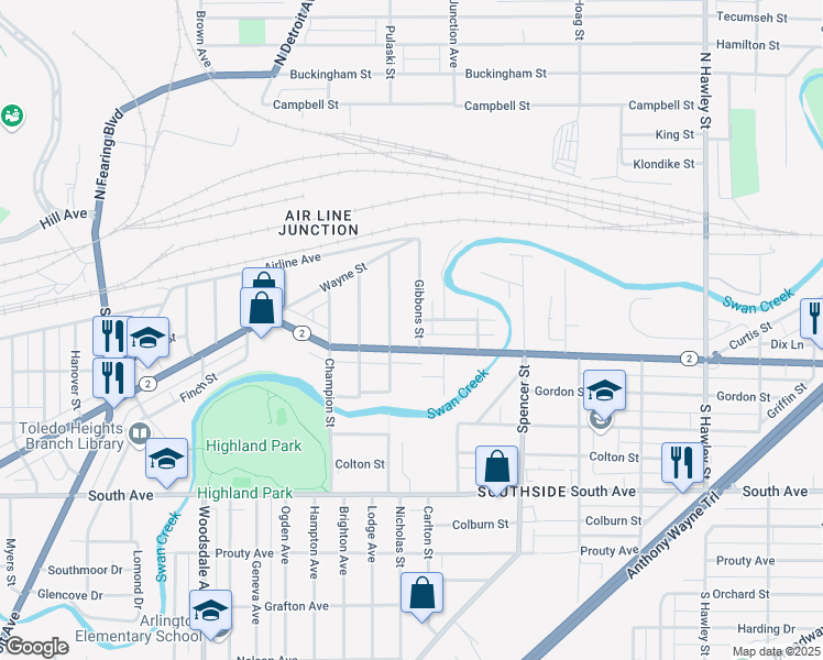 map of restaurants, bars, coffee shops, grocery stores, and more near 208 Gibbons St in Toledo