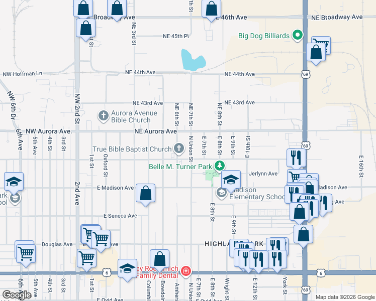 map of restaurants, bars, coffee shops, grocery stores, and more near 4112 North Union Street in Des Moines