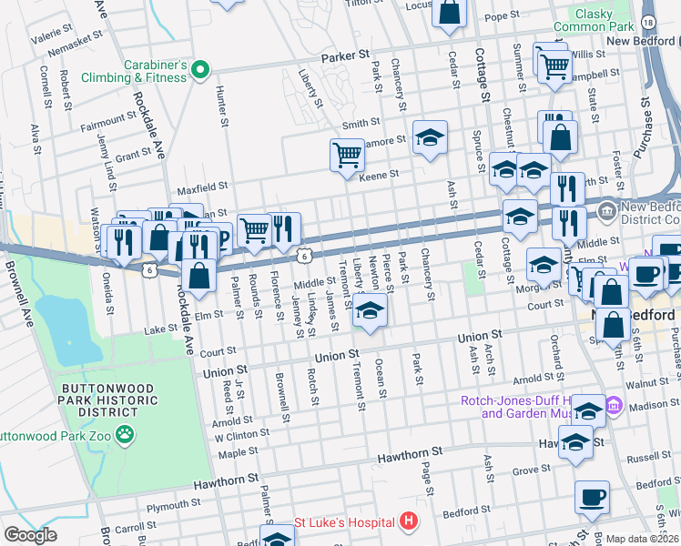 map of restaurants, bars, coffee shops, grocery stores, and more near 477 Middle Street in New Bedford