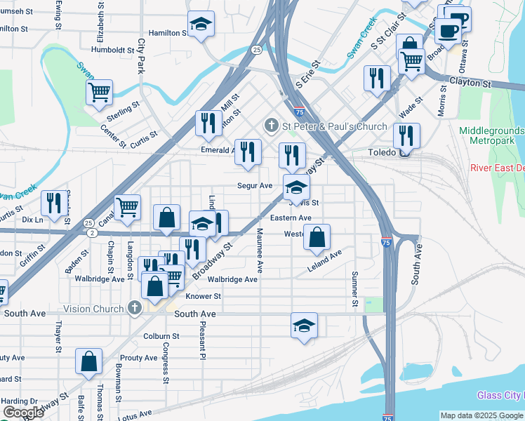 map of restaurants, bars, coffee shops, grocery stores, and more near 1026 Broadway St in Toledo