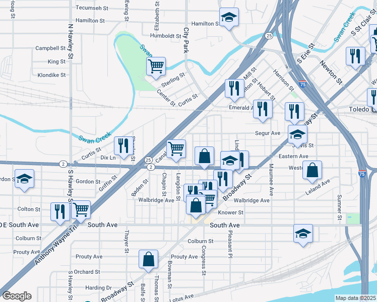 map of restaurants, bars, coffee shops, grocery stores, and more near 237 Langdon Street in Toledo