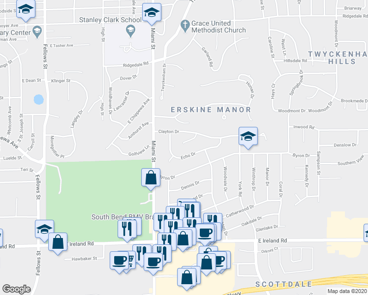 map of restaurants, bars, coffee shops, grocery stores, and more near 1220 Eaton Drive in South Bend