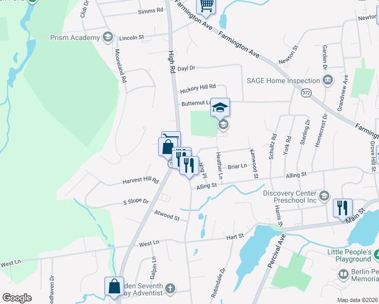 map of restaurants, bars, coffee shops, grocery stores, and more near 17 Gladding Place in Berlin