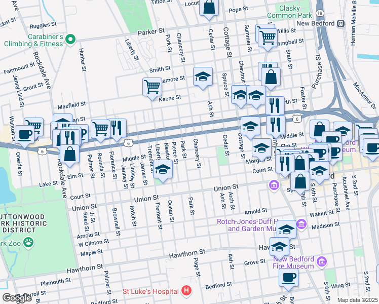 map of restaurants, bars, coffee shops, grocery stores, and more near 408 Middle Street in New Bedford