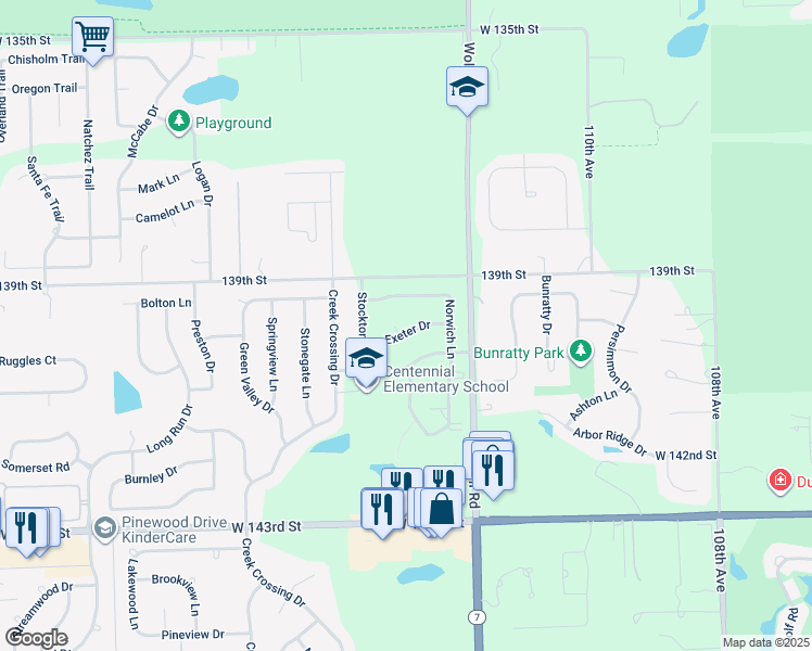 map of restaurants, bars, coffee shops, grocery stores, and more near 13955 Exeter Court in Orland Park