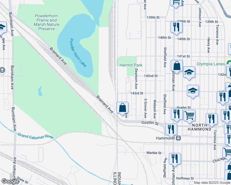 map of restaurants, bars, coffee shops, grocery stores, and more near 14289 State Line Road in Burnham