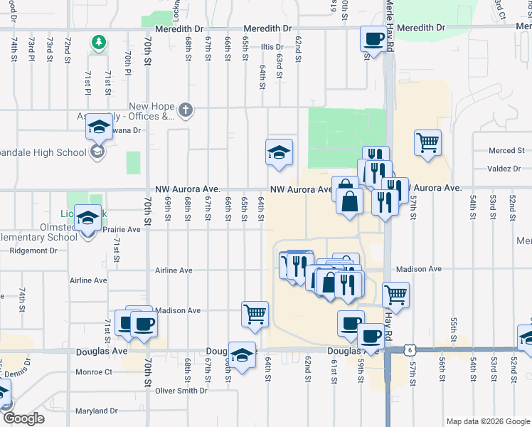 map of restaurants, bars, coffee shops, grocery stores, and more near 4113 64th Street in Urbandale