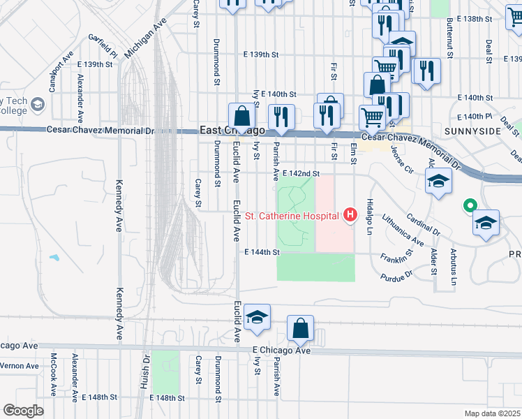 map of restaurants, bars, coffee shops, grocery stores, and more near 4233 East 143rd Street in East Chicago