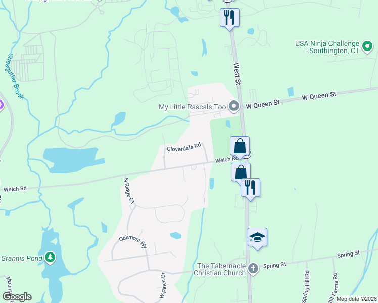 map of restaurants, bars, coffee shops, grocery stores, and more near 22 Cloverdale Road in Southington
