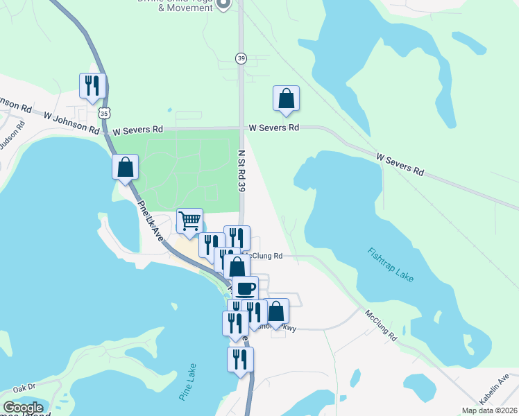 map of restaurants, bars, coffee shops, grocery stores, and more near 201 Indiana 39 in La Porte