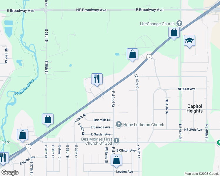 map of restaurants, bars, coffee shops, grocery stores, and more near 4112 Hubbell Avenue in Des Moines