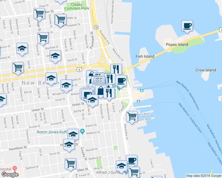 map of restaurants, bars, coffee shops, grocery stores, and more near William St & N 2nd St in New Bedford