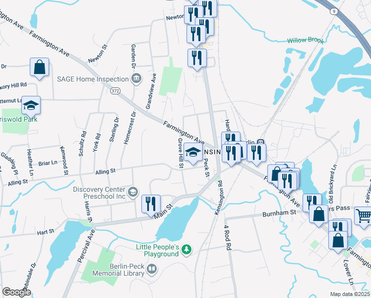 map of restaurants, bars, coffee shops, grocery stores, and more near 43 Grove Hill Street in Berlin