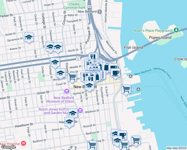 map of restaurants, bars, coffee shops, grocery stores, and more near in New Bedford