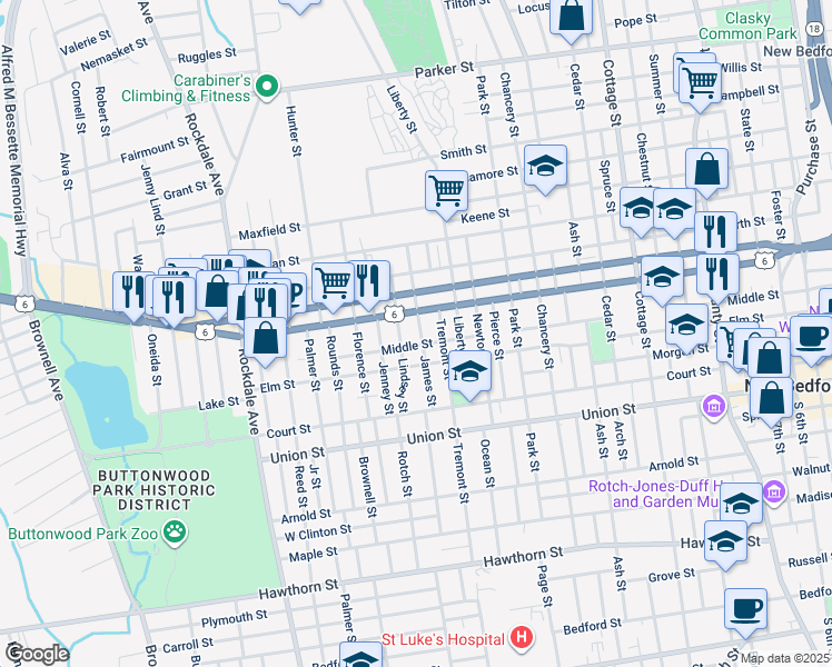 map of restaurants, bars, coffee shops, grocery stores, and more near 205 James Street in New Bedford