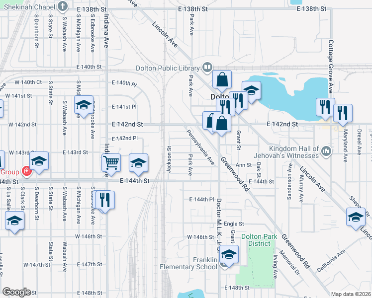 map of restaurants, bars, coffee shops, grocery stores, and more near 434 Jefferson Street in Dolton