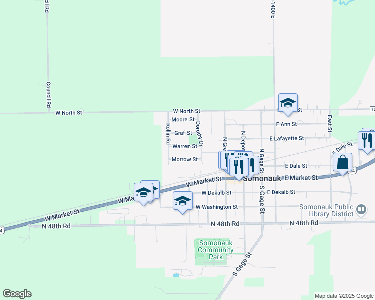 map of restaurants, bars, coffee shops, grocery stores, and more near 325B Warren Street in Somonauk