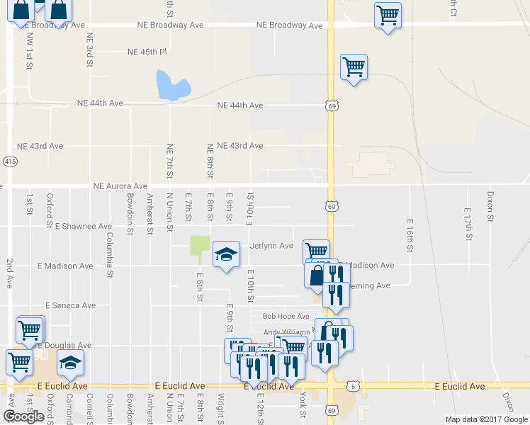 map of restaurants, bars, coffee shops, grocery stores, and more near 1017 Trisha Avenue in Des Moines