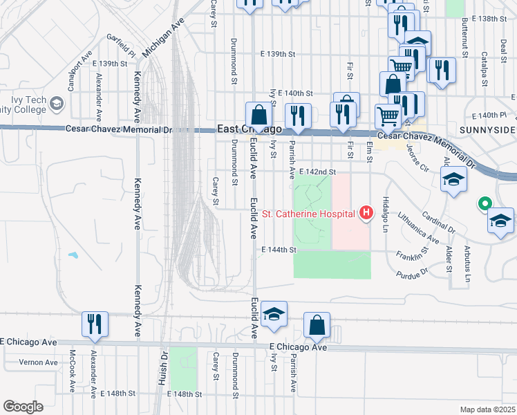 map of restaurants, bars, coffee shops, grocery stores, and more near 4247 East 143rd Street in East Chicago