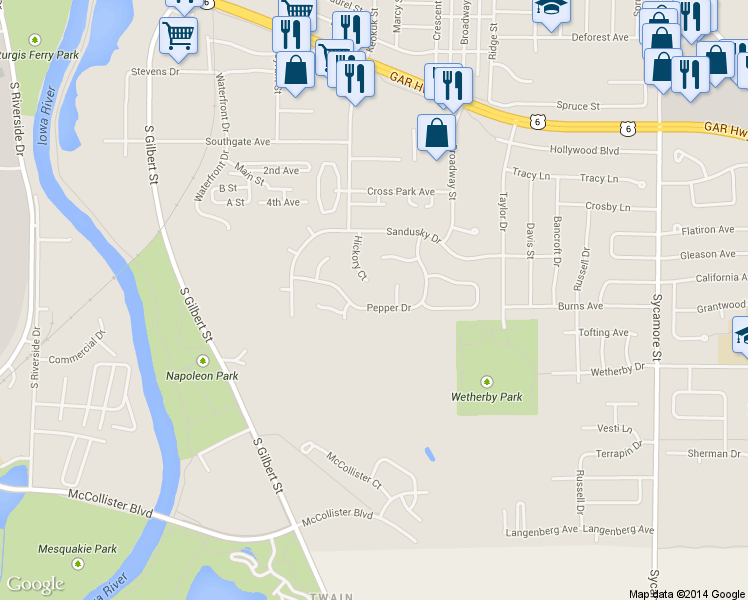 map of restaurants, bars, coffee shops, grocery stores, and more near 836 Pepper Dr in Iowa City