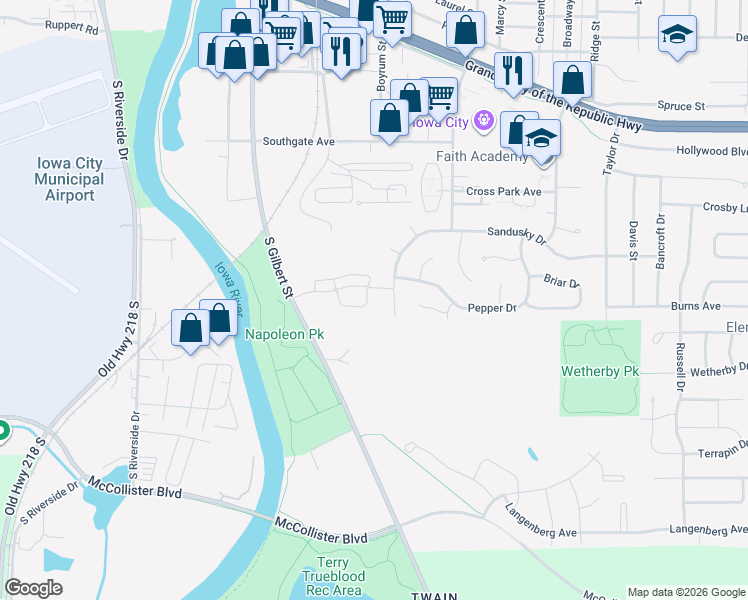map of restaurants, bars, coffee shops, grocery stores, and more near 181 Toby Circle in Iowa City