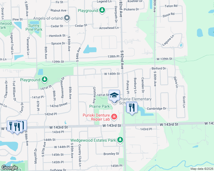 map of restaurants, bars, coffee shops, grocery stores, and more near 8252 Shipston Street in Orland Park