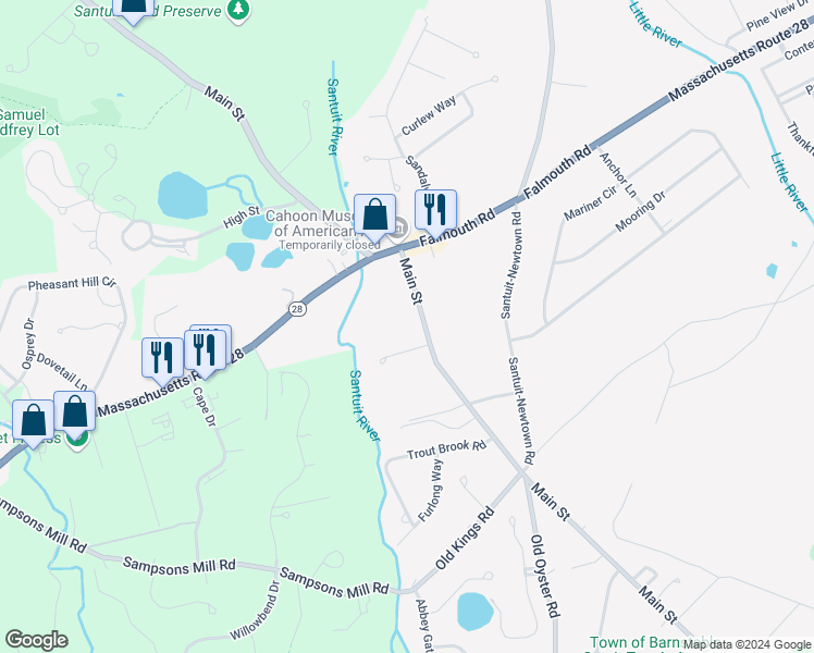 map of restaurants, bars, coffee shops, grocery stores, and more near 77 Main Street in Barnstable