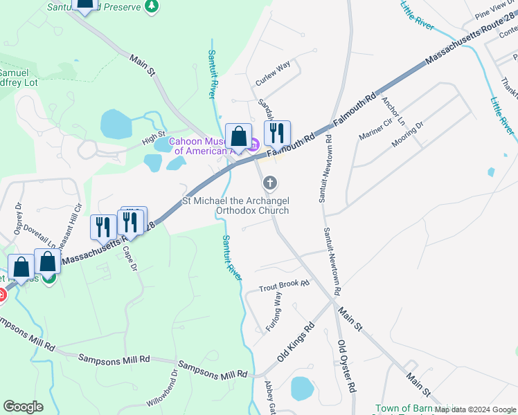 map of restaurants, bars, coffee shops, grocery stores, and more near 77 Main Street in Barnstable