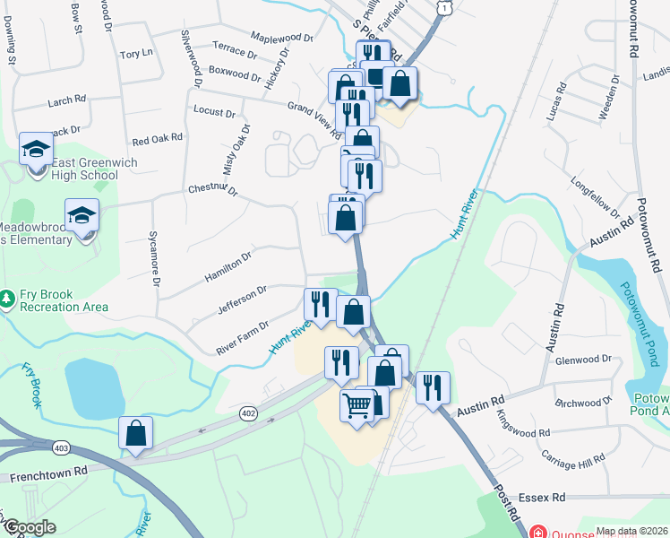 map of restaurants, bars, coffee shops, grocery stores, and more near 5 Franklin Rd in East Greenwich